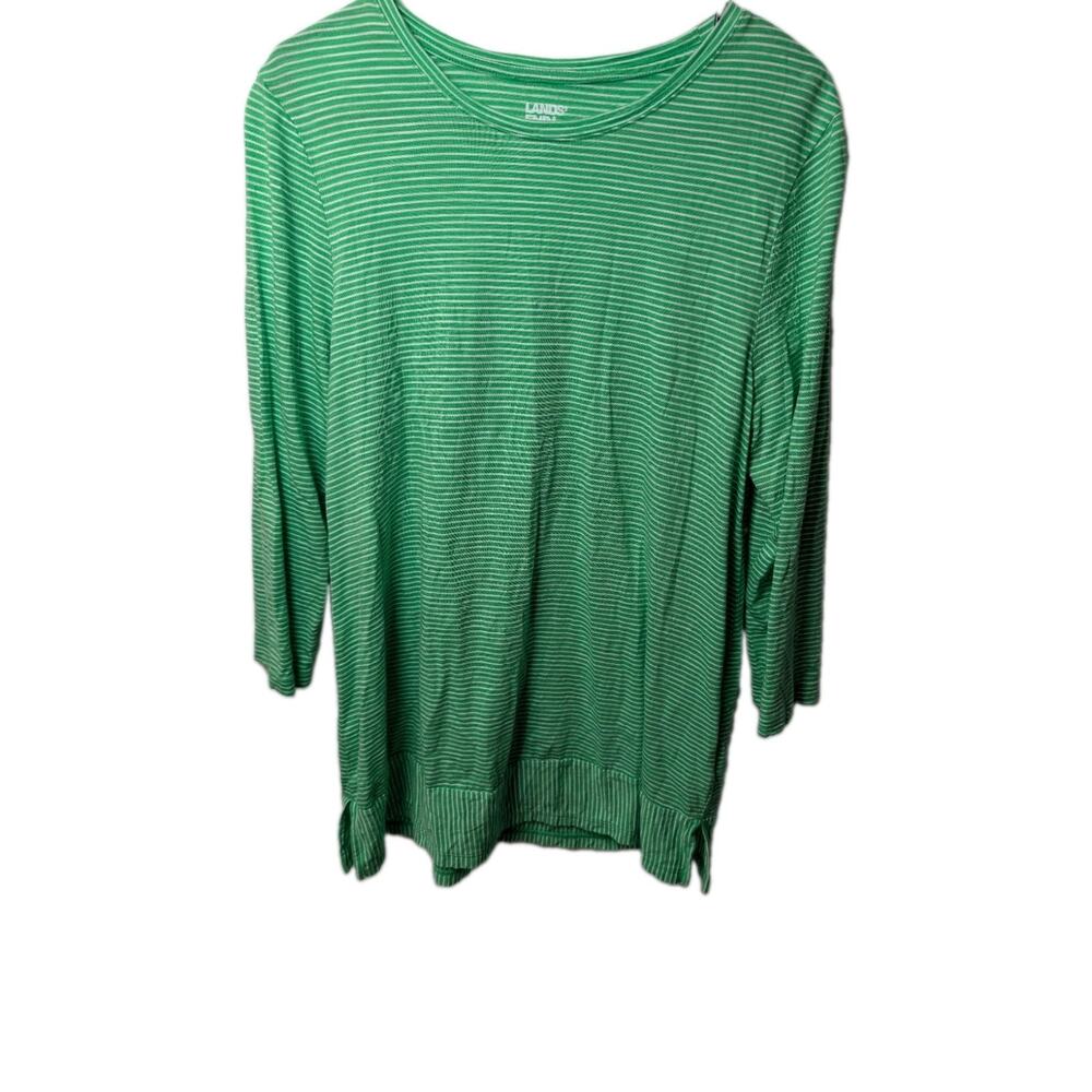 Lands End Womens Medium 10 12 Tall Striped Long Sleeve Shirt Green White Breton